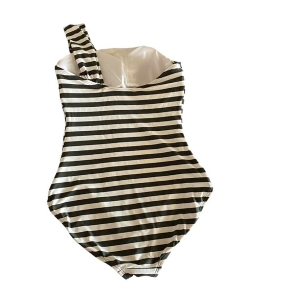 Michael Kors Olive Striped One Shoulder Swimsuit 10 - Picture 3 of 4
